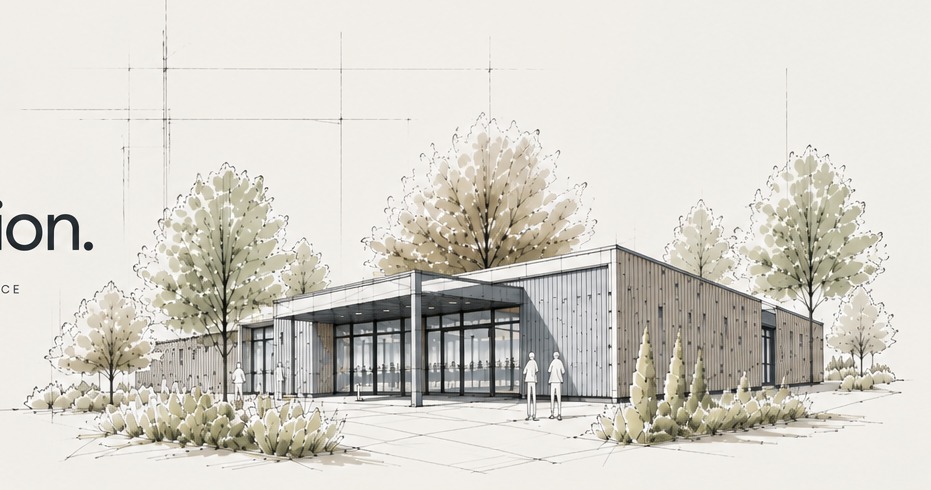 Architectural illustration of a contemporary modular building